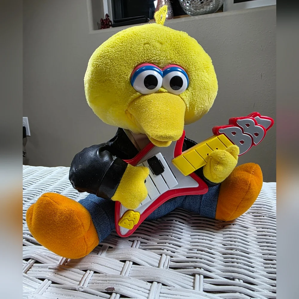 1999 Tyco Plush Rock And Roll Big Bird Toy with Guitar Yellow Black Still Works!
